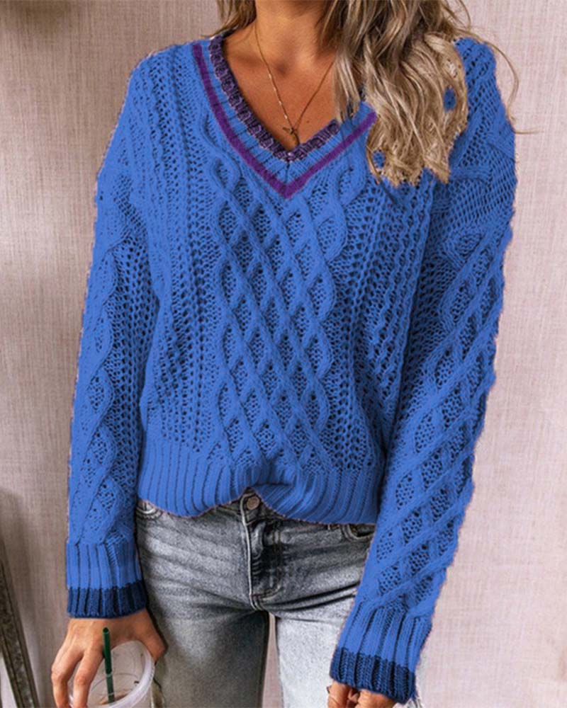 

Striped Trim V-Neck Cable Knit Sweater, Blue