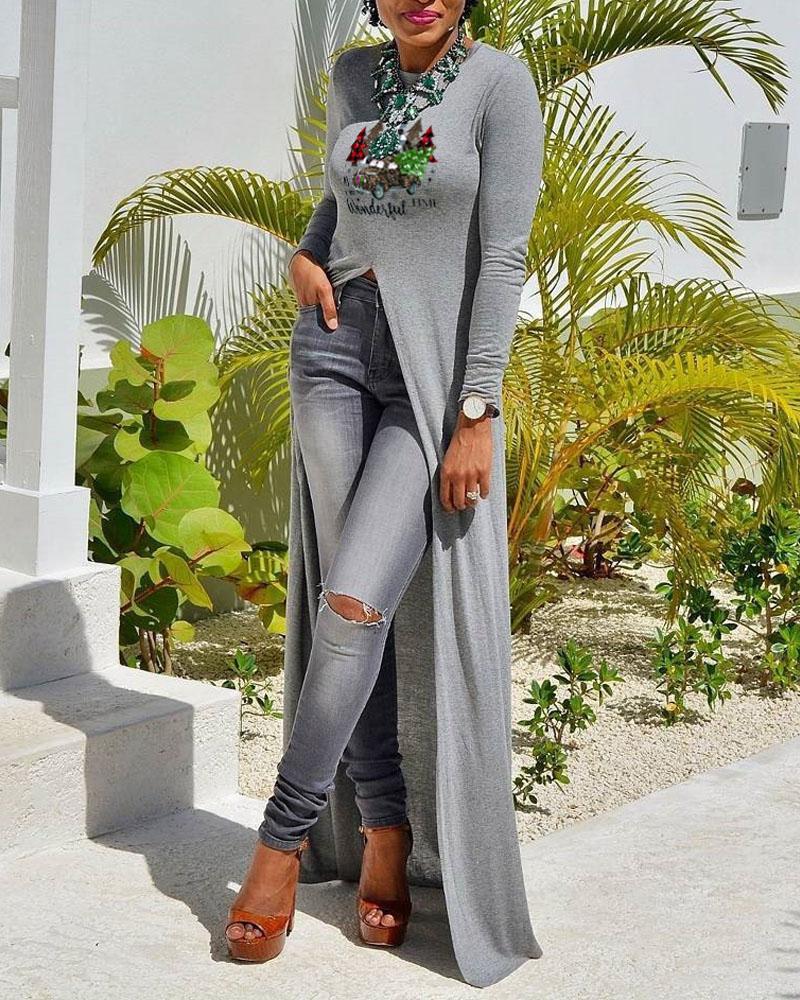 

Christmas Tree Letter Print High Split Longline Top, Gray