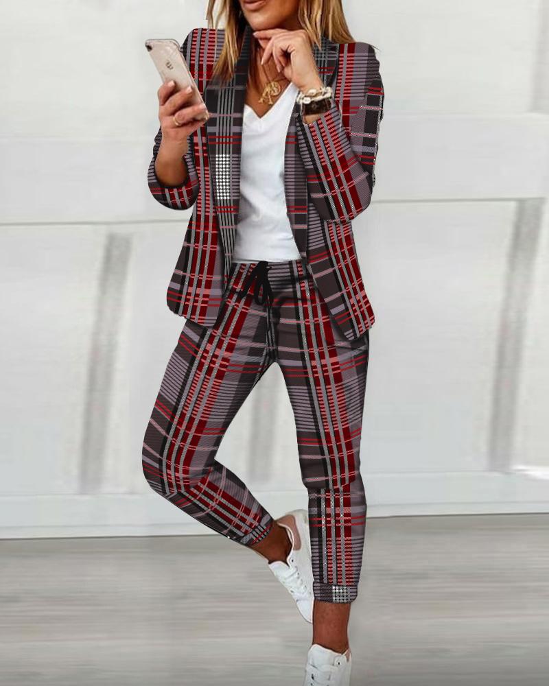 

Plaid Print Shawl Collar Blazer & Drawstring Pants Set, Red