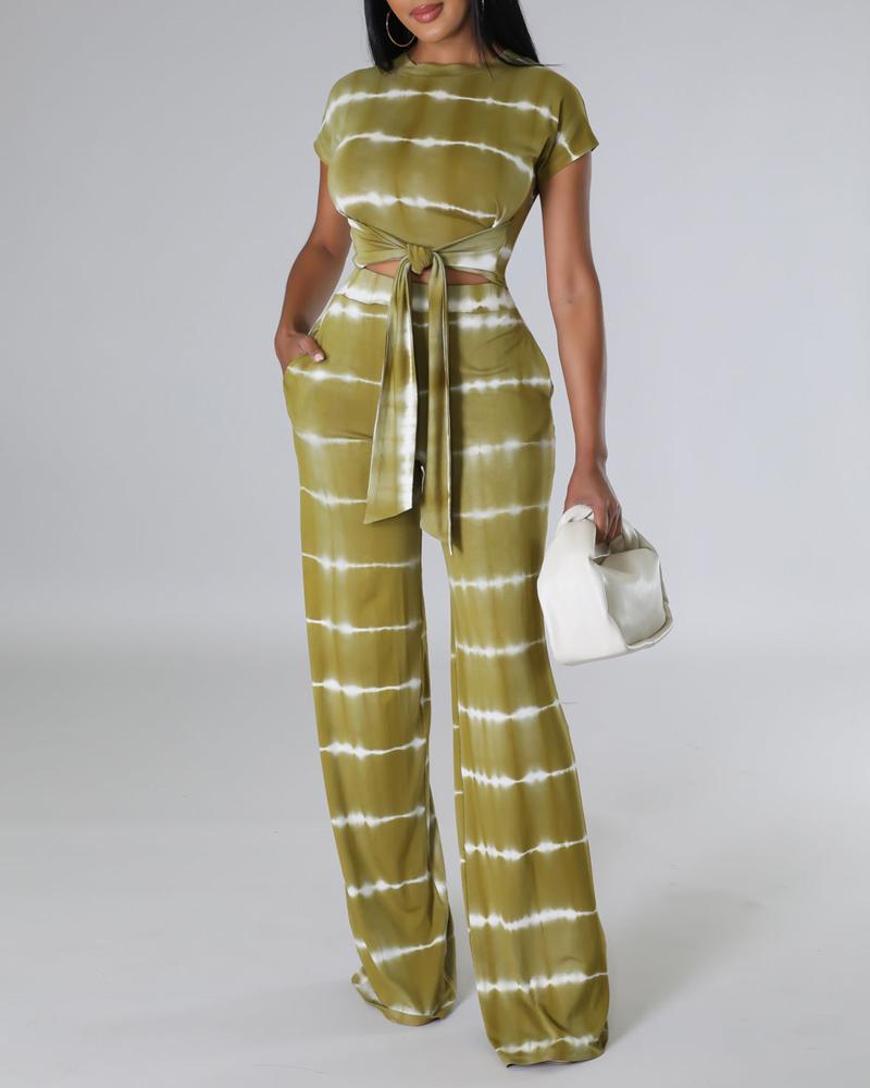 

Tie Dye Print Tied Detail Top & Wide Leg Pants Set, Green