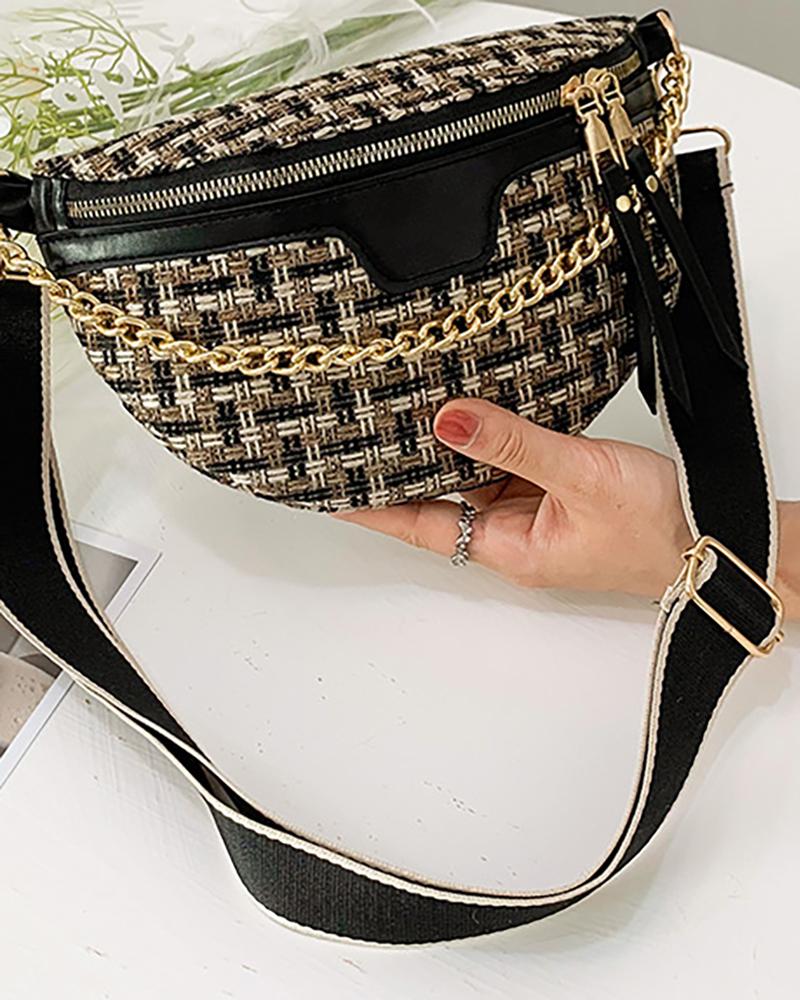 

Braided Zipper Design Chain Decor Crossbody Bag, Black