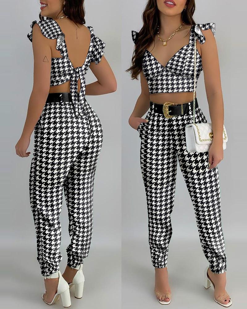 

Houndstooth Print Ruffle Trim Crop Tank Top & Pants Set, Black