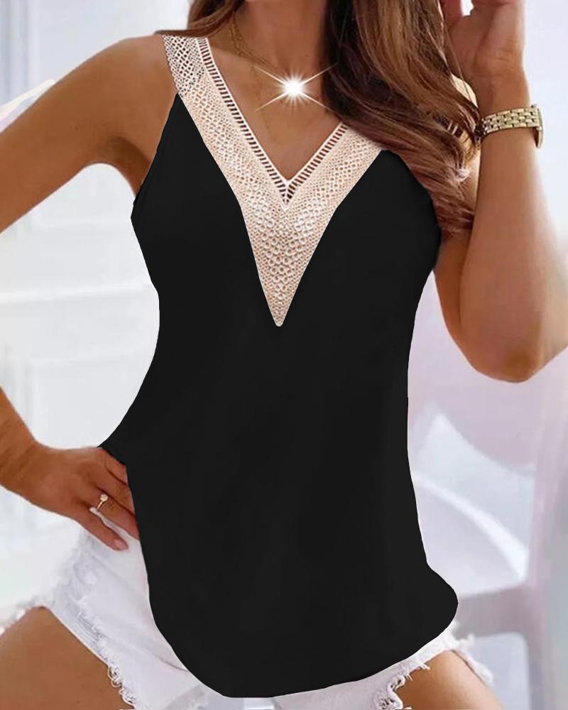 

Contrast Lace V-Neck Tank Top, Black