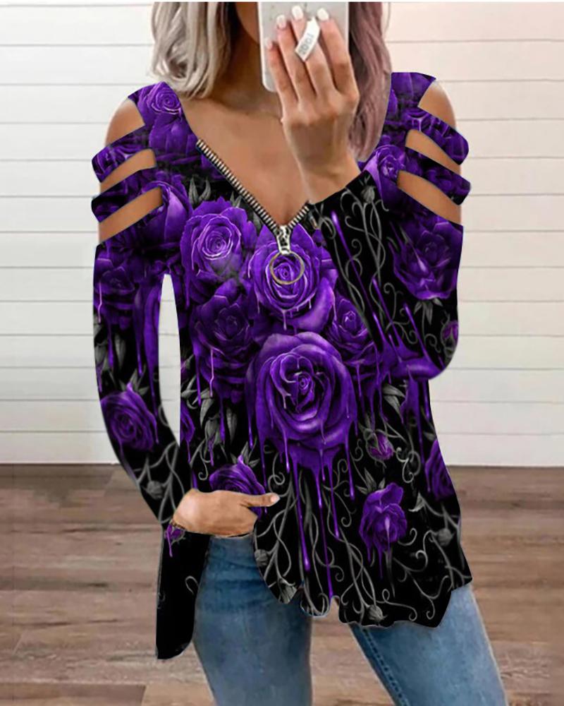 

Floral Print Cutout Zipper Design Top, Purple