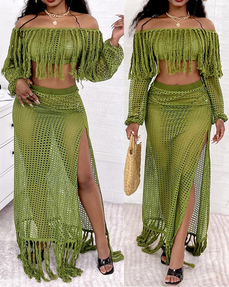 

Crochet Casual Mesh Tassel Beach Top & Skirt Sets Swimwear Cover-ups, Army green