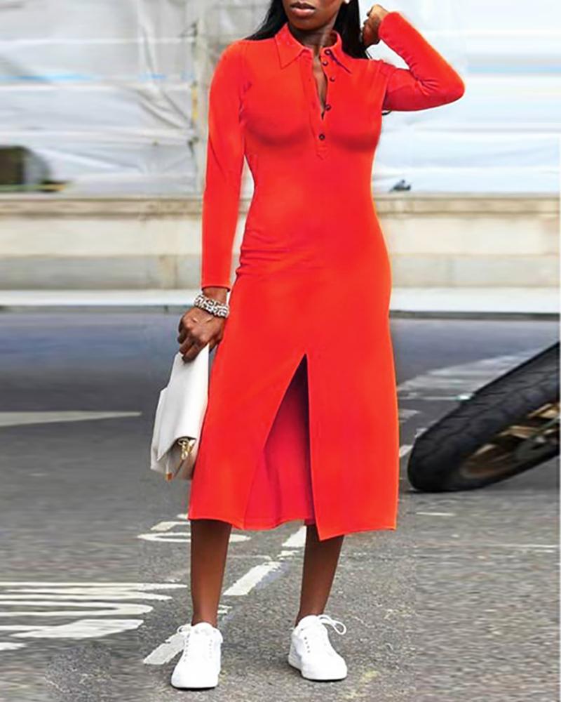 

Solid Button Detail Long Sleeve Slit Dress, Red