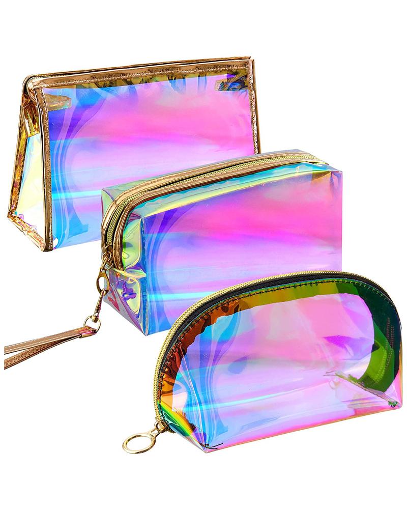 

3PCS Holographic Makeup Bag Cosmetic Travel Bag Portable Waterproof Iridescent Pouch Makeup Organizer, Multicolor