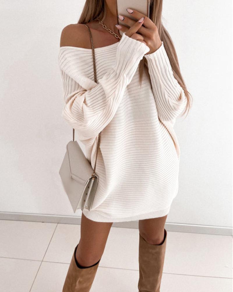 

Plain Long Sleeve Casual Dress, White