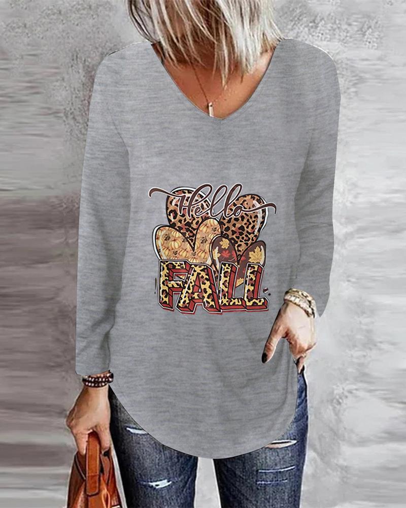 

Letter Heart Print Long Sleeve Top, Gray