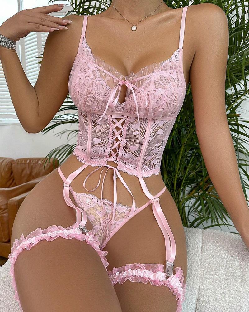 

Heart Pattern Frill Hem Lingerie Set With Leg Rings, Pink