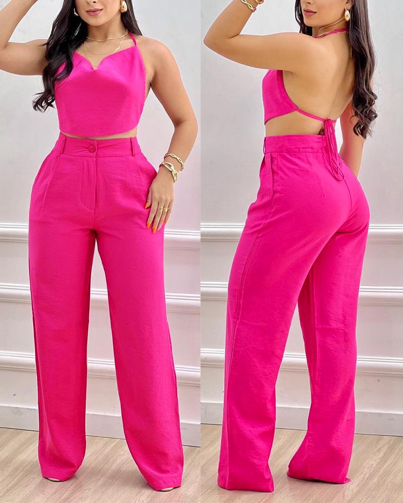 

Halter Backless Crop Top & High Waist Pants Set, Rose red