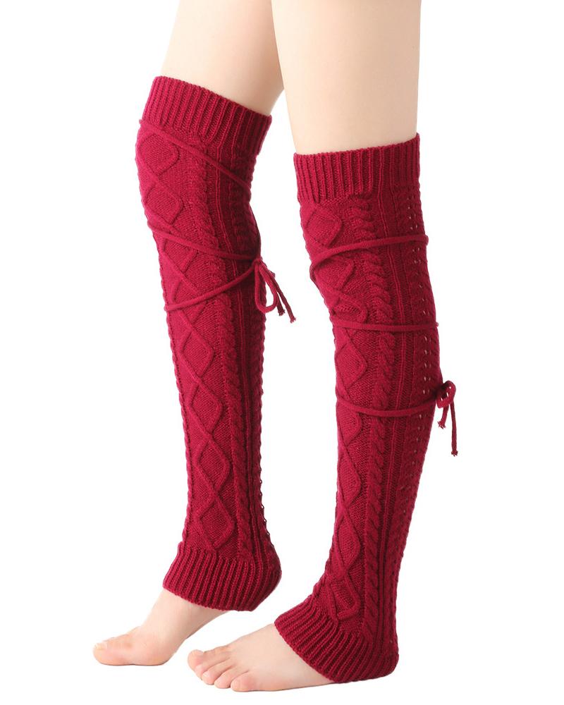 

Knit Cable Crisscross Thigh-High Leg Warmers, Red