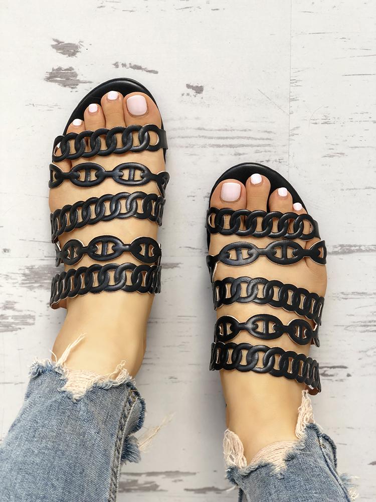 

Solid Chain Multi-Strap Hollow Out Flat Sandals, Black