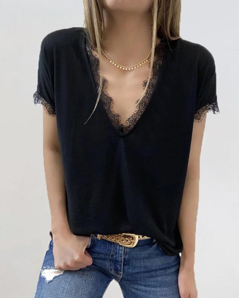 

Eyelash Lace Trim V-neck Casual T-shirt, Black