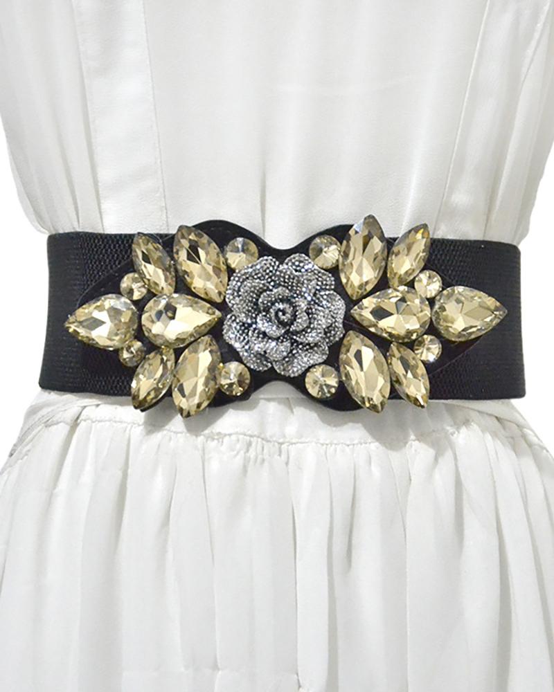 

1PCS Floral Pattern Waterdrop Rhinestone Wide Belt, Black