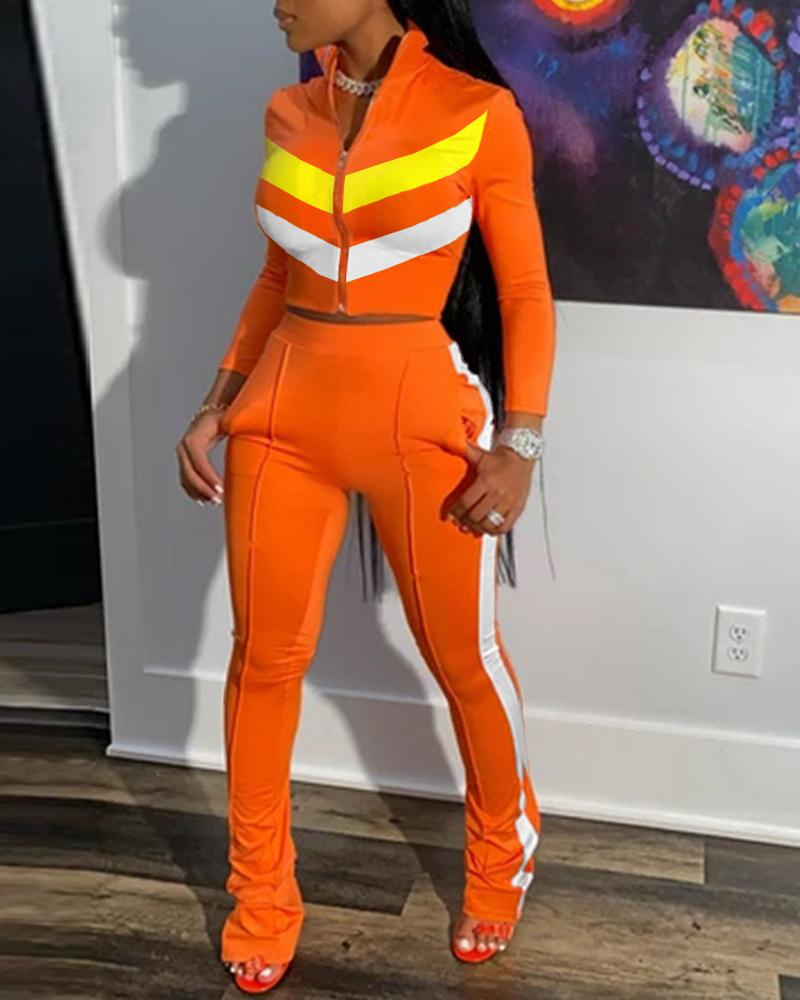 

Contrast Paneled Long Sleeve Zip Up Top & Pants Set, Orange