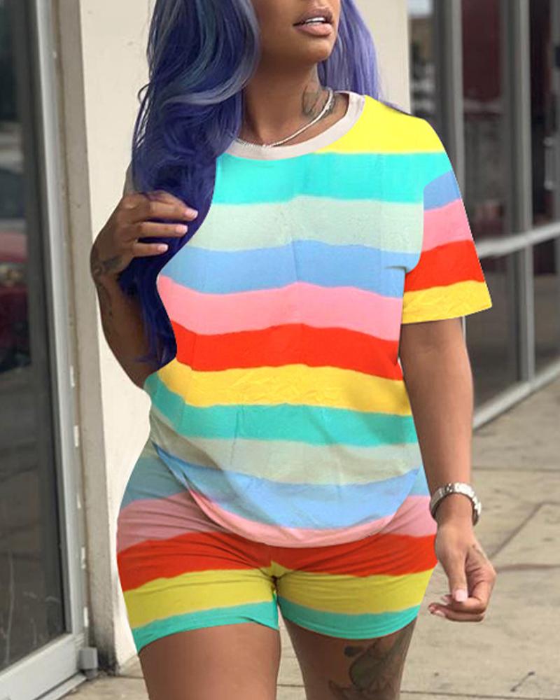 

Plus Size Colorblock Striped Print Casual Top & Shorts Set, Multicolor