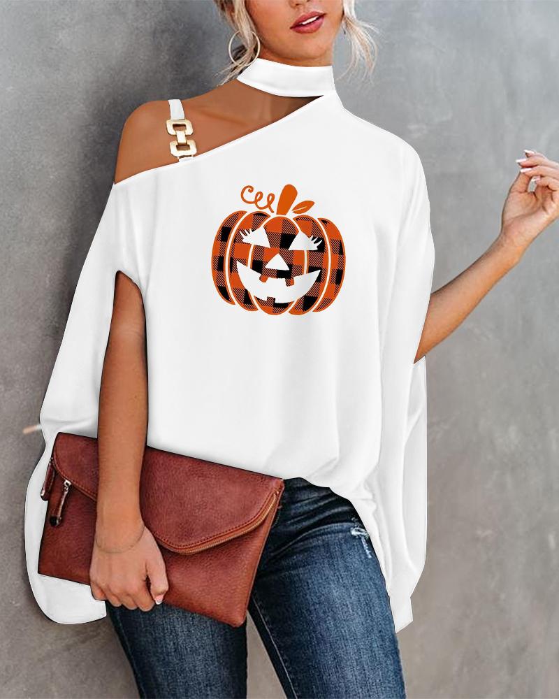 

Halloween Pumpkin Print Chain Strap Cold Shoulder Top, White