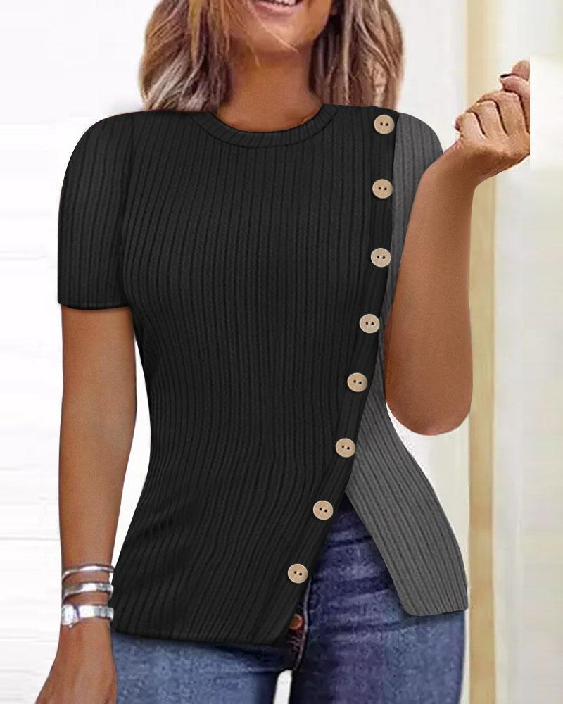 

Colorblock Button Detail Split Hem Ribbed Top, Black