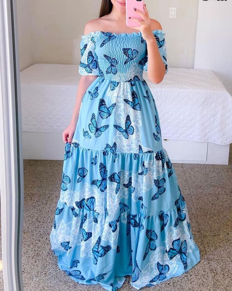 

Butterfly Print Off Shoulder Shirred Frill Hem Maxi Dress, Blue