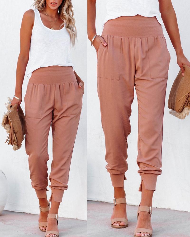 

High Waist Pocket Design Cuffed Pants, Pink