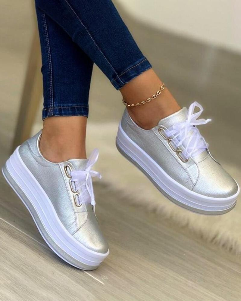 

Platform Lace-up Eyelet Sneakers, Silver