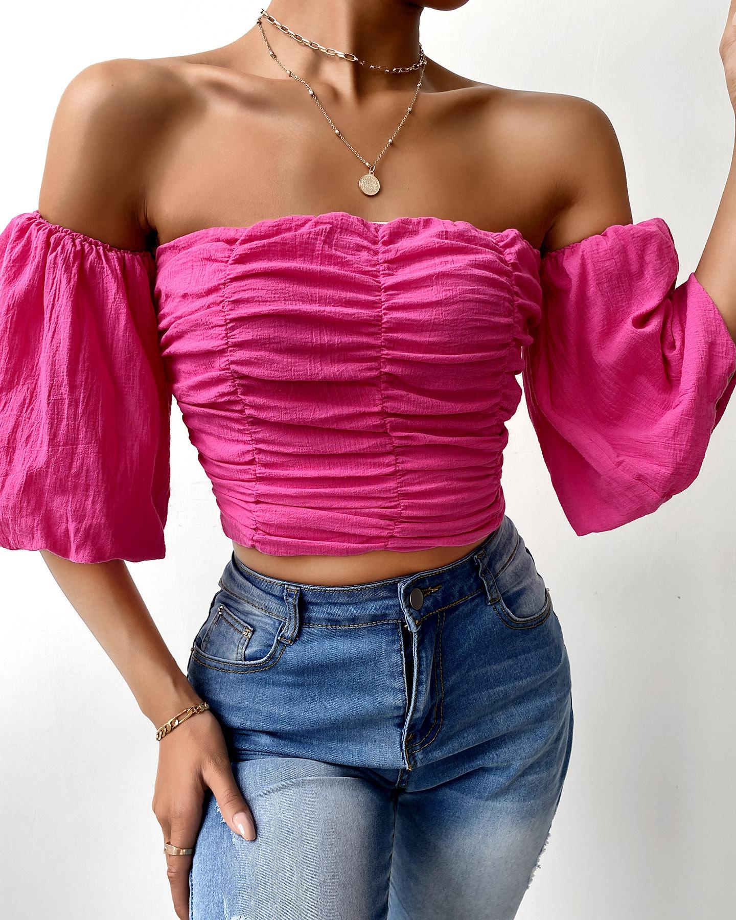 

Off Shoulder Lantern Sleeve Ruched Crop Top, Hot pink