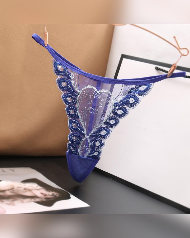 

Sexy See-through Splicing Feather Embroidery Skinny Thong Panties, Blue