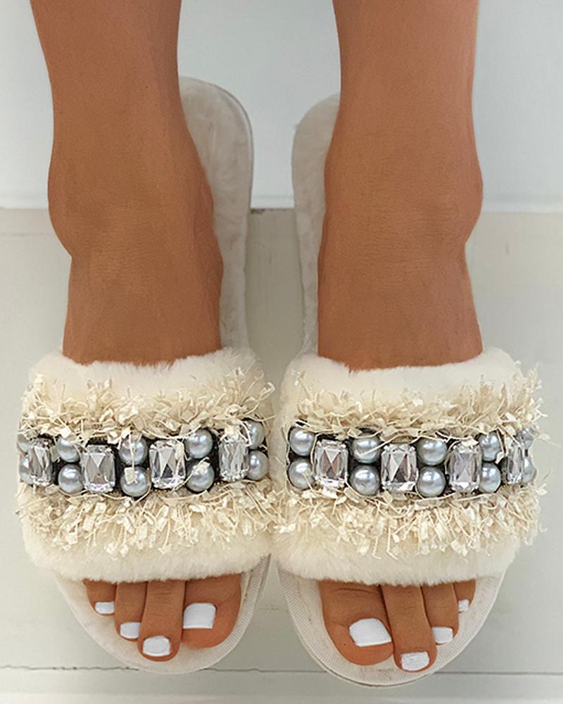 

Beaded Rhinestone Tassel Design Fluffy Slippers, Beige