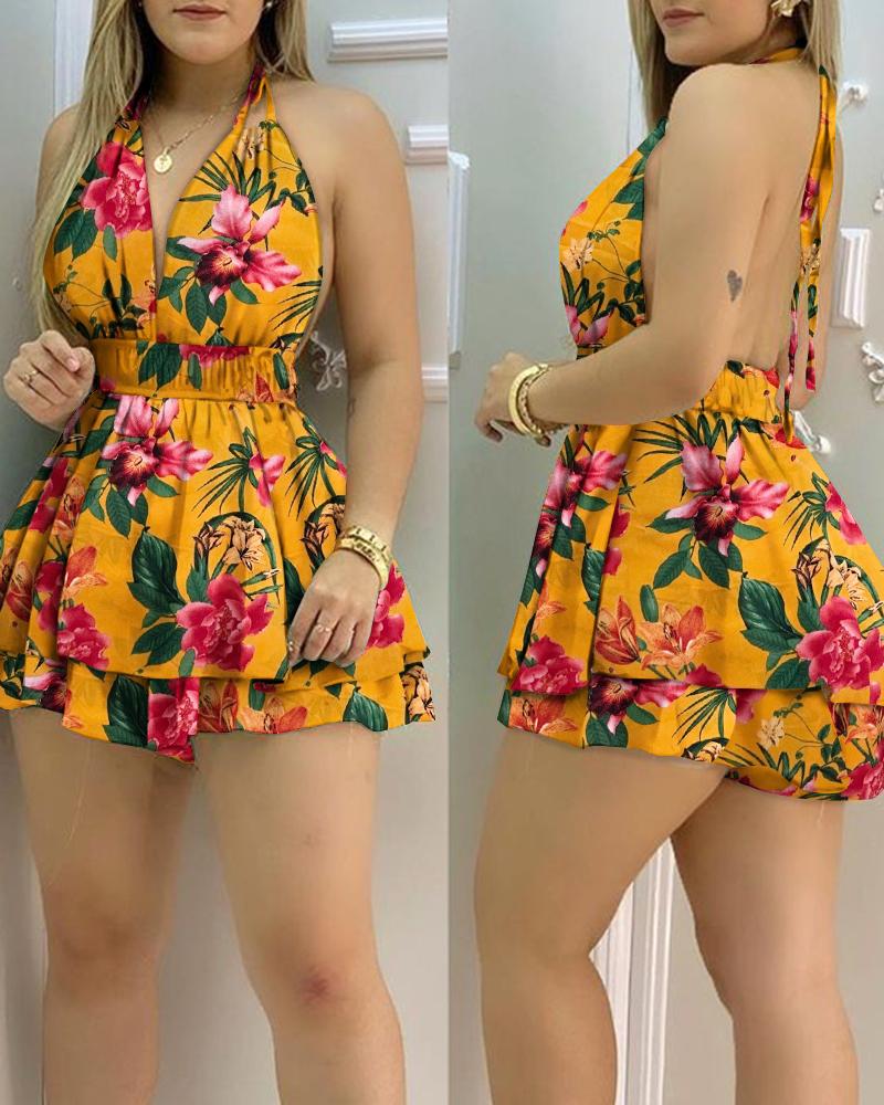 

Floral Print Halter Backless Romper, Yellow