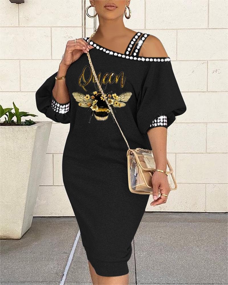 

Letter Bee Print Cold Shoulder Casual Dress, Black