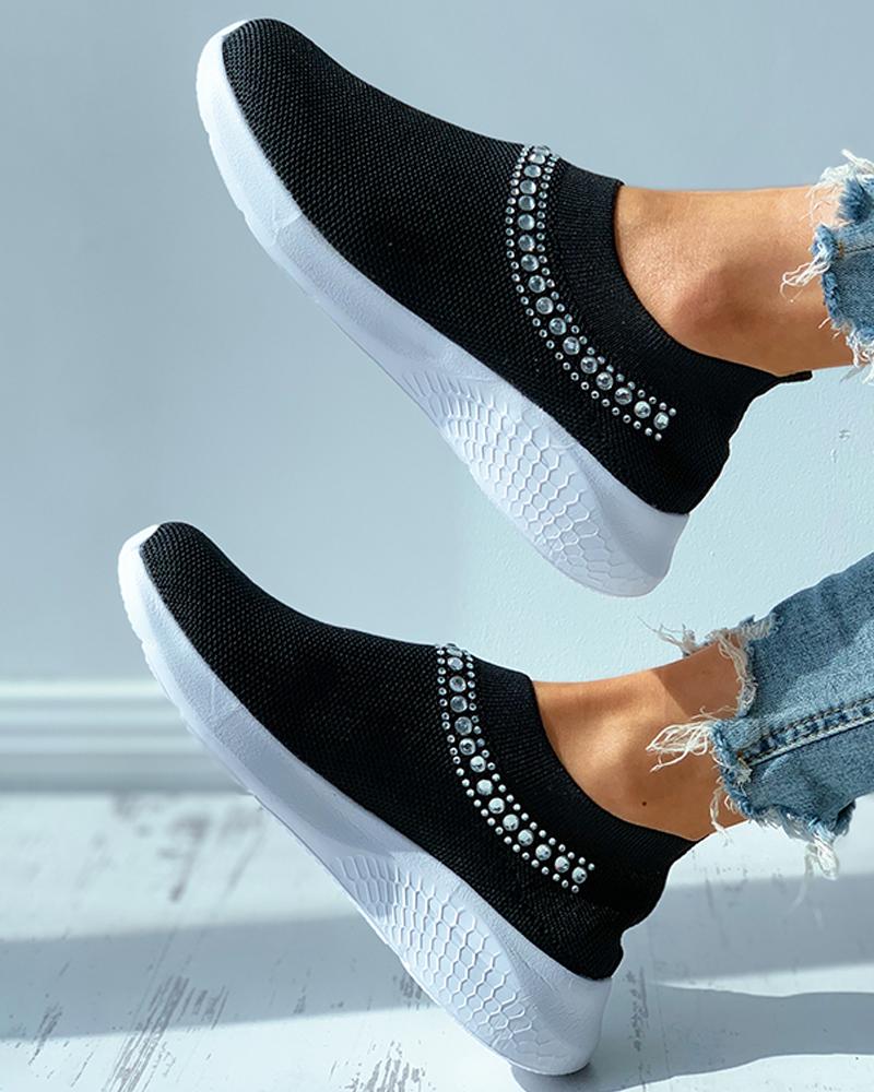 

Beaded Rhinestone Breathable Knit Slip On Sneaker, Black