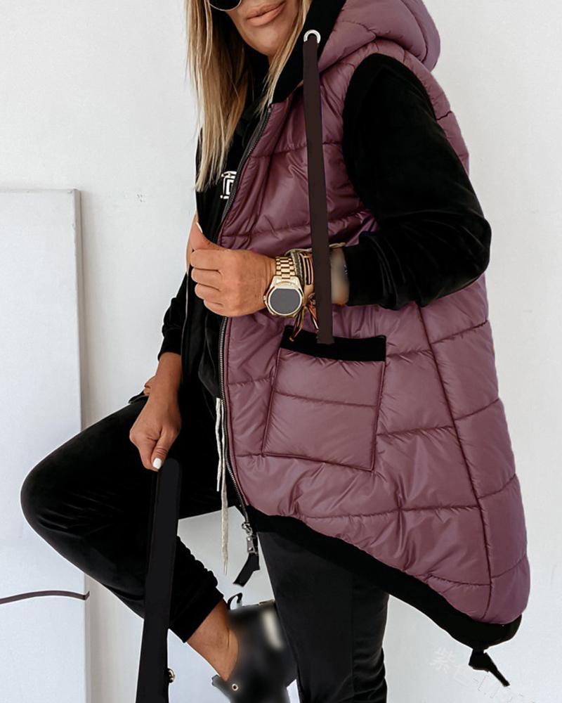 

Zipper Pocket Design Hooded Vest Puffer Coat, Purple