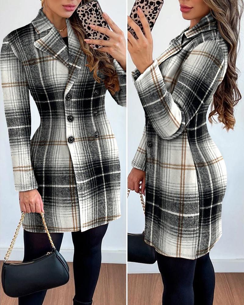 

Plaid Print Double Breasted Longline Coat, Black