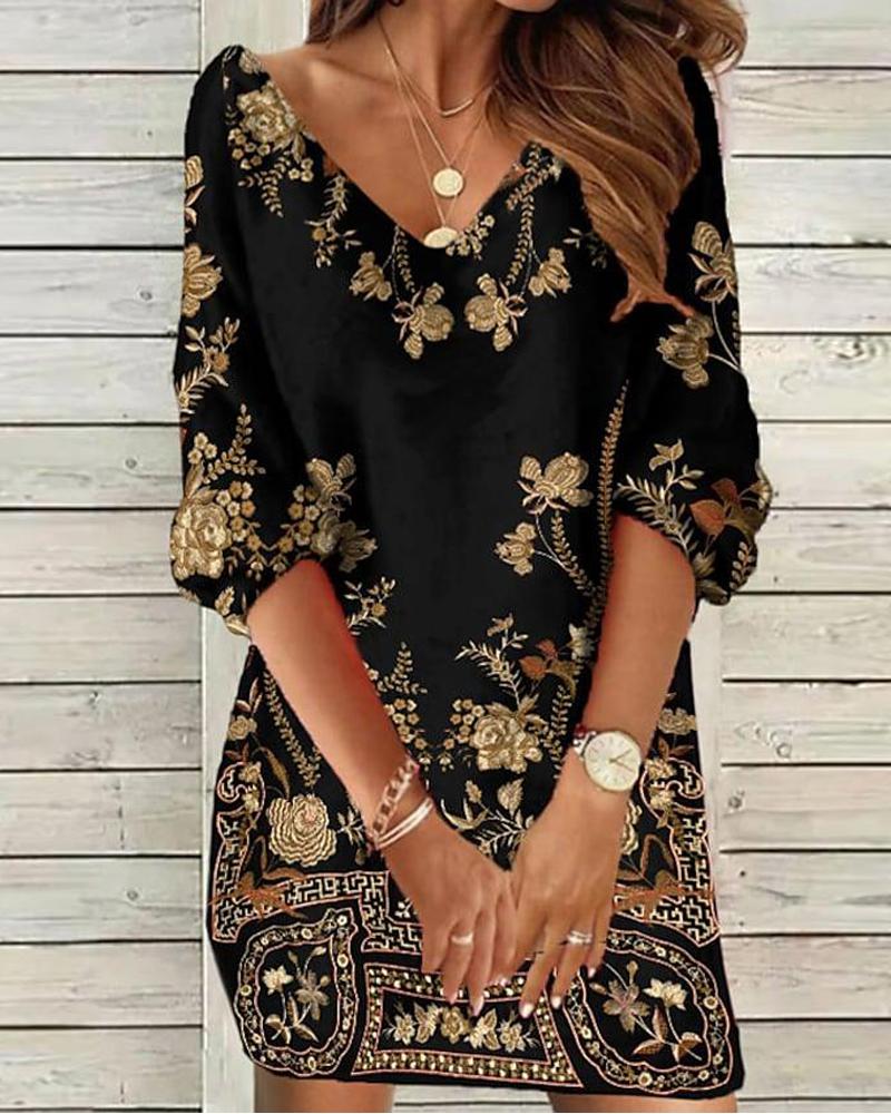 

Tribal Floral Print V-Neck Casual Dress, Black