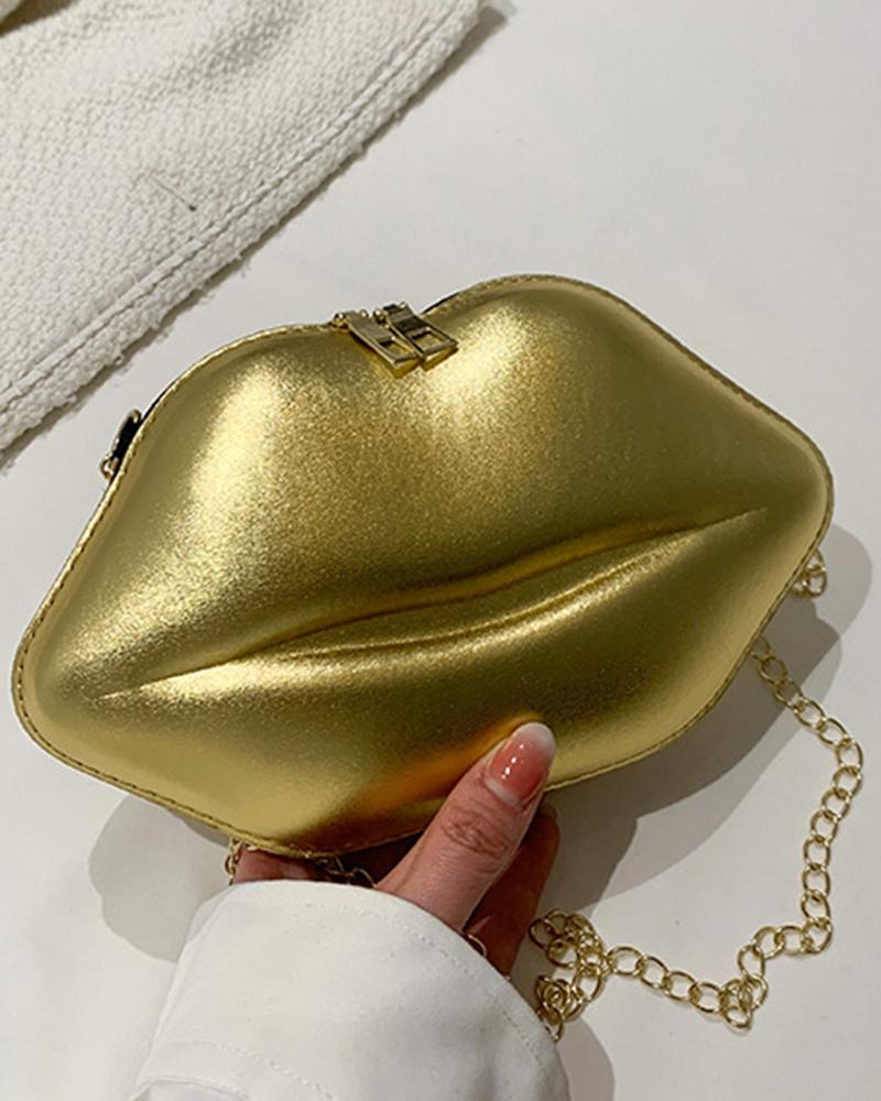 

Lip-Shaped Chain Strap Crossbody Bag, Gold