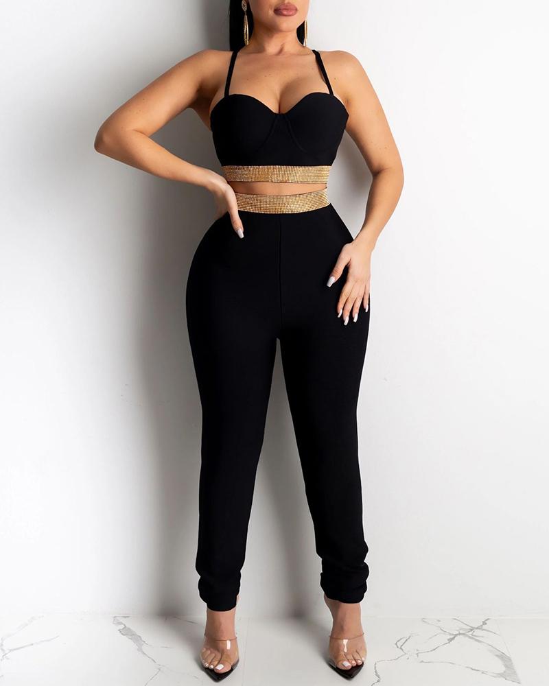 

Studded Crop Top & High Waist Skinny Pants Set, Black