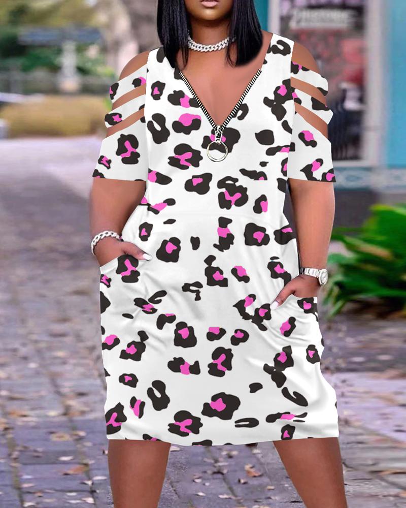 

Plus Size Leopard Print Cold Shoulder Casual Dress, White