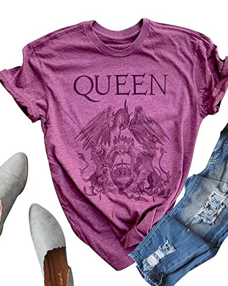 

Women' Letter Queen Graphic Print Round Neck T-shirt, Purple