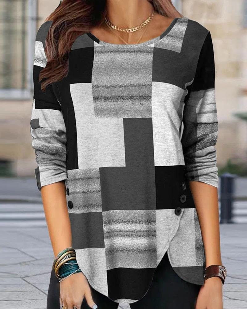 

Geometric Print Button Decor Long Sleeve Top, Gray