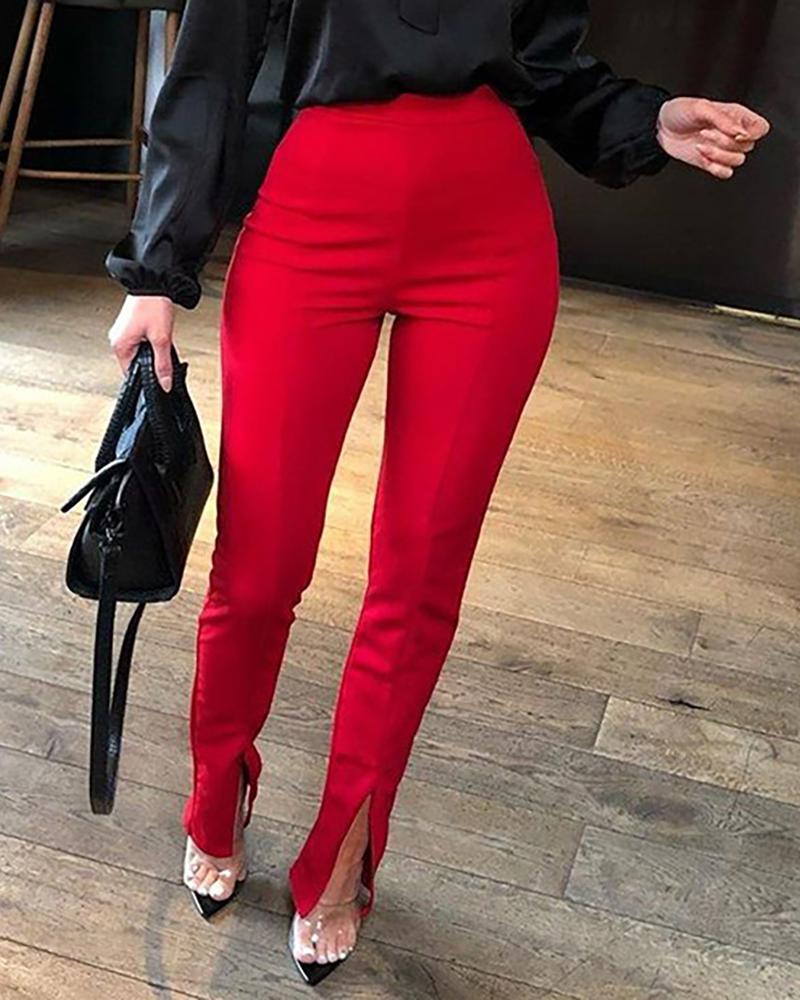 

Solid Slit High Waist Tailored Pants, Red