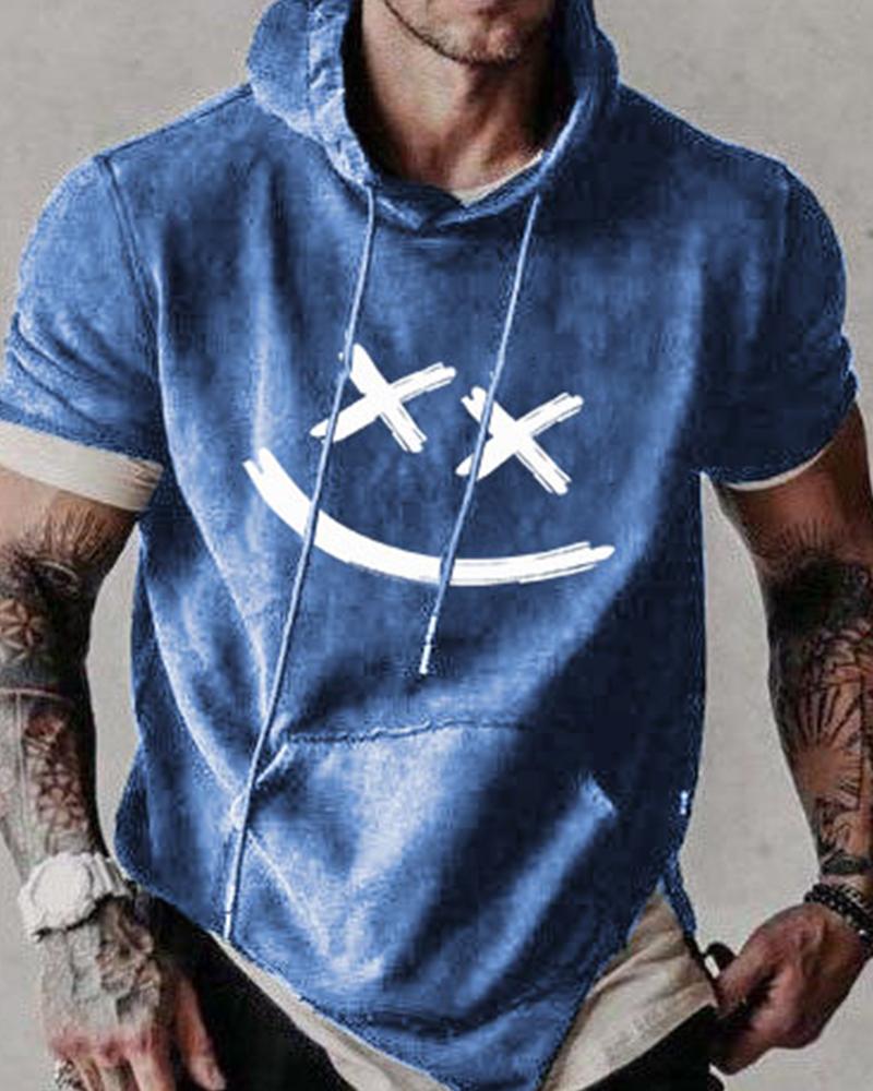 

Graphic Pattens Print Short Sleeve Loose Hooded Sweatshirts, Blue