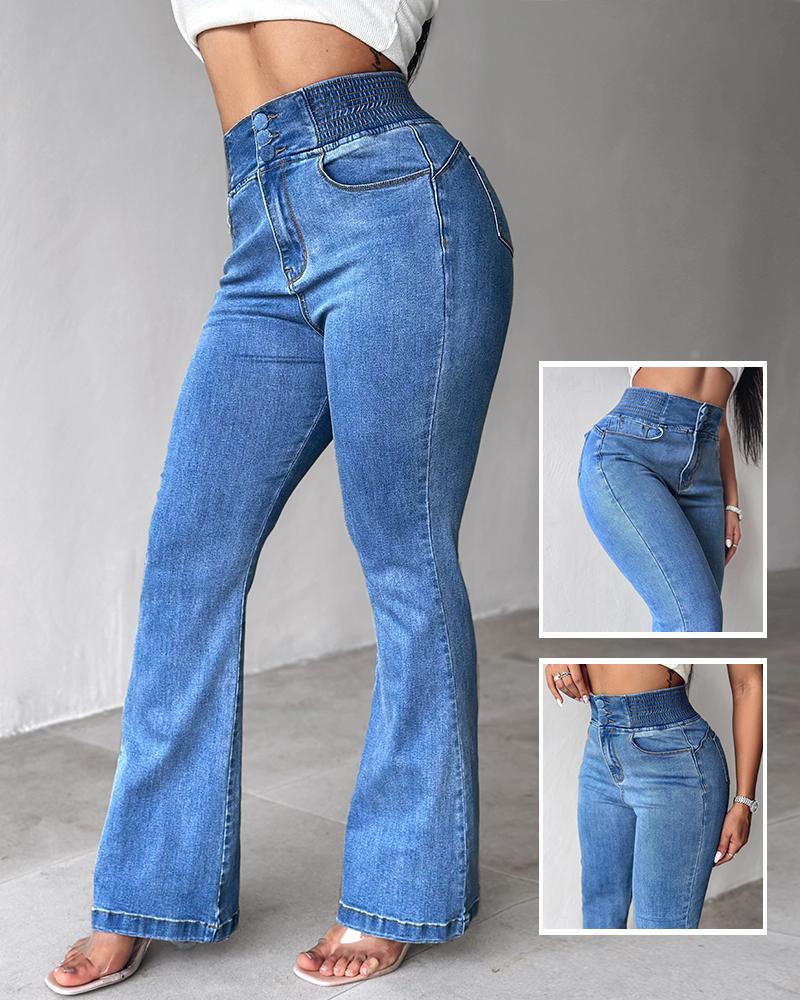 

ChicMe CurveEase Back Shirred Button Front High Waist Jeans Skinny Flared Denim Jeggings, Lighted blue