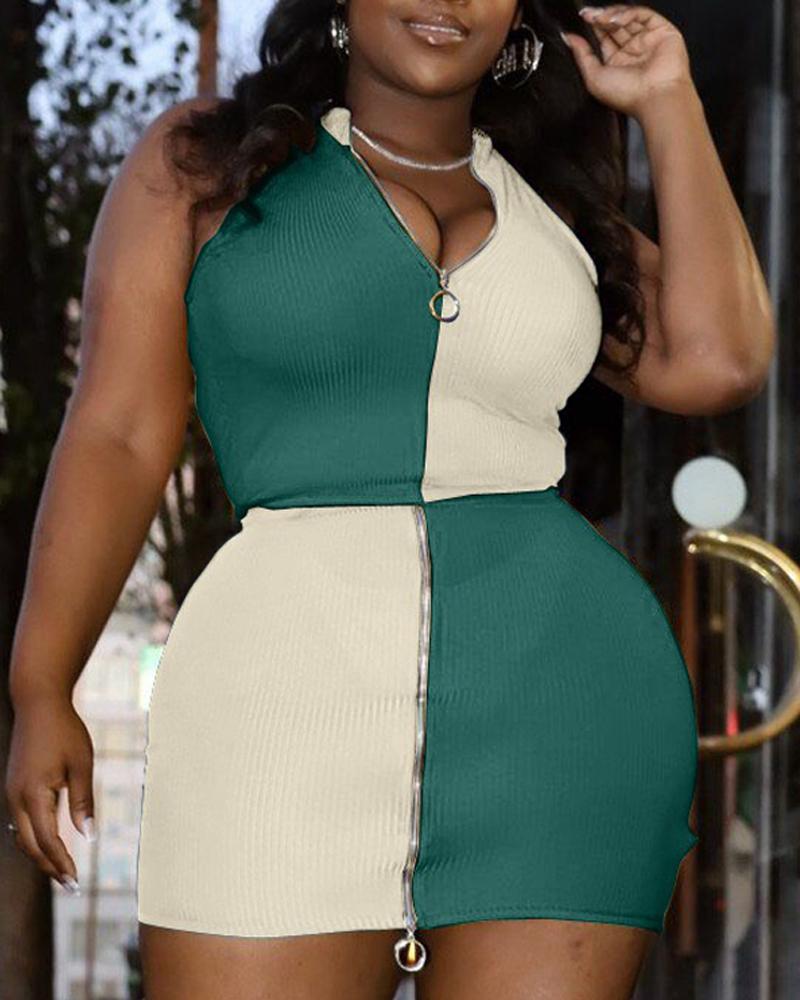

Plus Size Colorblock Ribbed Zip Front Crop Top & Skirt Set, Green