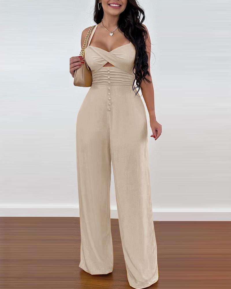 

Plain Twist Design Sleeveless Jumpsuit, Apricot