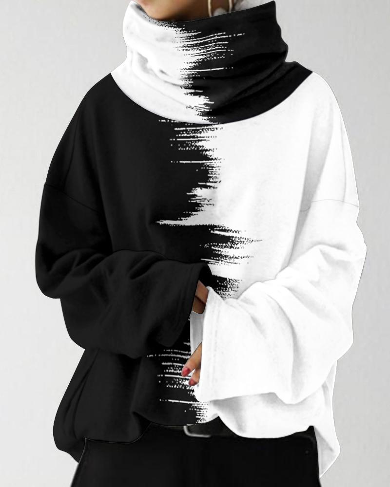 

Colorblock Long Sleeve High Neck Casual Top, Blackwhite