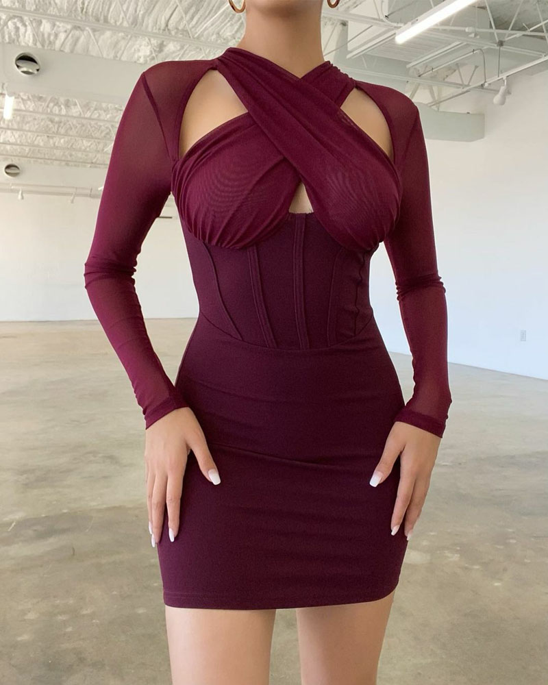 

Contrast Mesh Criss Cross Design Bodycon Dress, Wine red