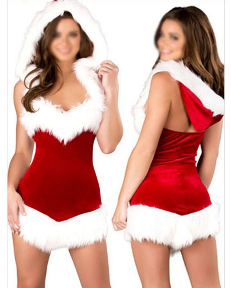 

Christmas Fuzzy Trim Backless Hooded Babydoll, Red