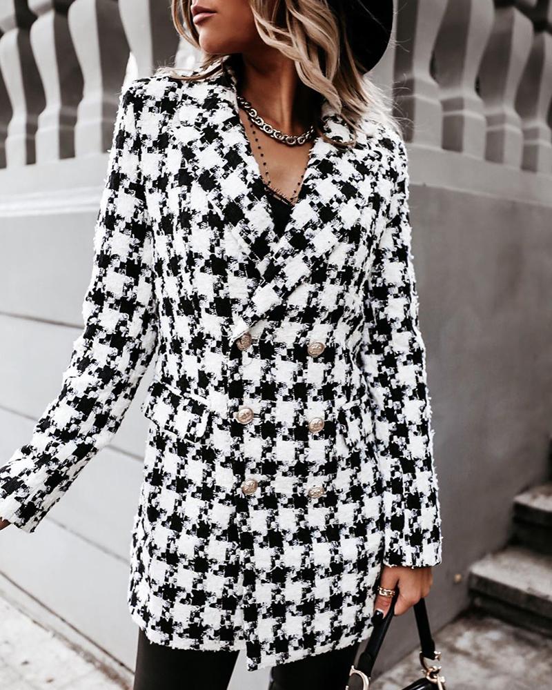 

Casual Houndstooth Long Sleeve Coat, Black