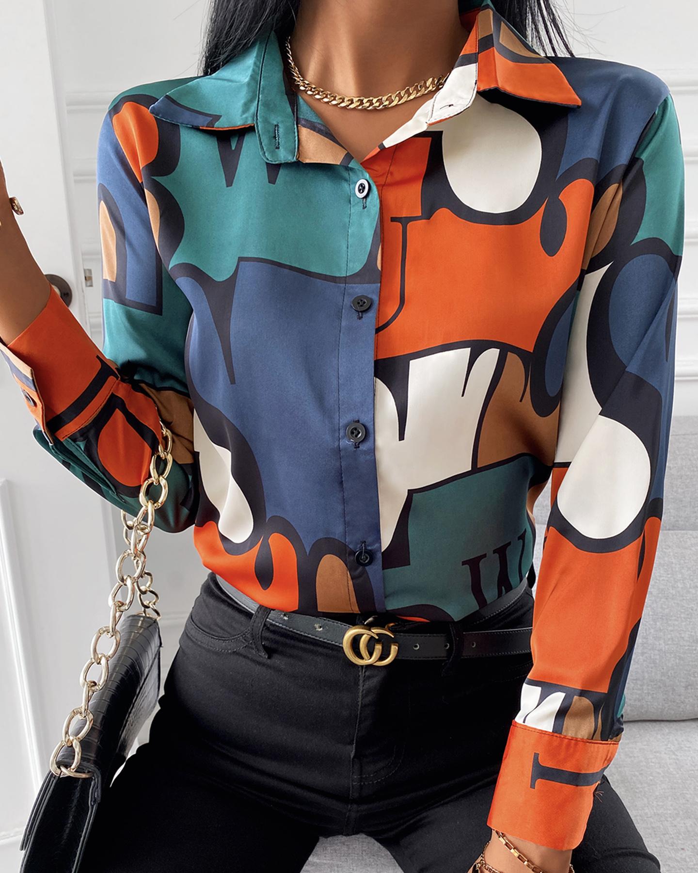 

Colorblock Long Sleeve Button Design Casual Shirt, Multicolor